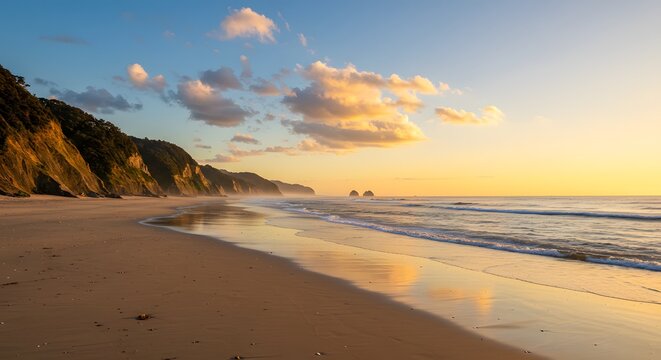 Coastal scene at sunset sandy beach calm ocean dramatic sky - Powered by Adobe