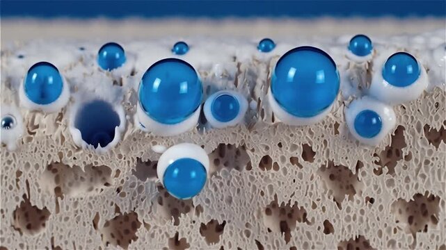 Macro timelapse of porous cathode discharging inside a lithium air battery, blue oxygen bubbles forming lithium peroxide layers, illustrating electrochemical reaction and energy conversion process.
