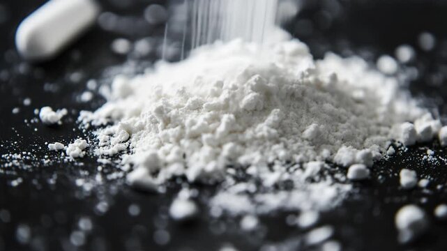 White drug powder pouring onto a black surface