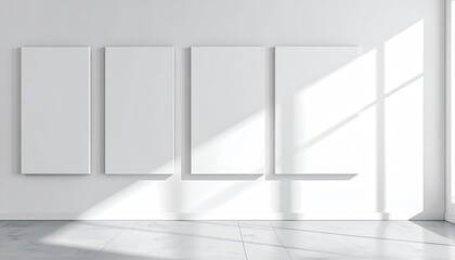 Four Blank White Canvases Mounted on a White Wall Illuminated by Dramatic Sunlight Creating Shadows and Reflections on the Floor