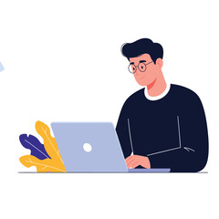 A focused young man wearing glasses and a dark sweater works diligently on his laptop surrounded by vibrant foliage.