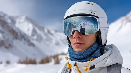 Man wearing a white helmet and goggles stands in the snow. Concept of adventure and excitement, as the man is likely preparing for a skiing or snowboarding trip