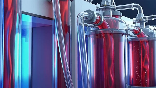 Macro dolly shot of transparent tubes pumping vivid red and blue electrolyte through a vanadium redox flow battery system, showcasing laminar fluid motion, energy storage process, and clean technology