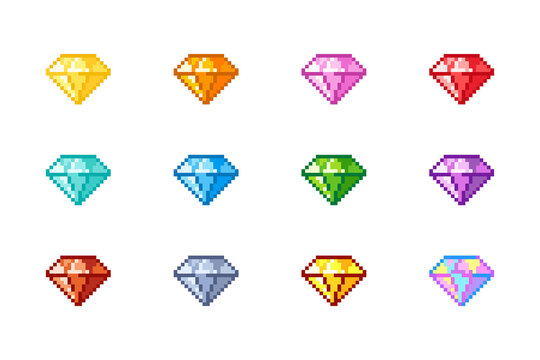 Diamonds pixel art icon set. Gemstone logo collection in retro 8-bit game style. Cute various colors pixel game gem design for stickers, icons, poster