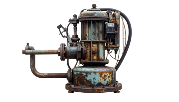 Corrosion-resistant drainage pump, perfect for clearing rainwater in a rural barn isolated on solid white background in Png