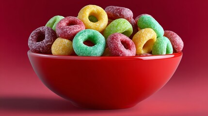 Bowl of colorful cereal with a red bowl. The bowl is filled with a variety of different colored cereal pieces