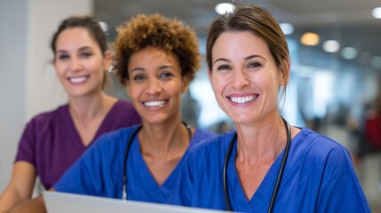Three women in blue scrubs are smiling for the camera. They are all wearing stethoscopes around their necks