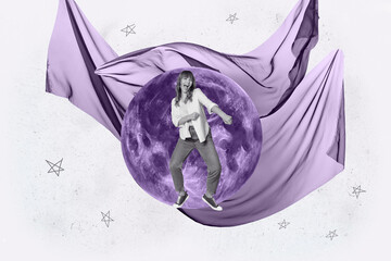 Full 3d poster art collage of happy girl guy stand space galaxy moon planet cosmos discovery outer-space painting astronomy