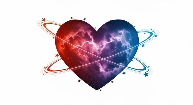 A celestial heart filled with a stormy red and blue nebula, encircled by glowing planetary rings and stars.