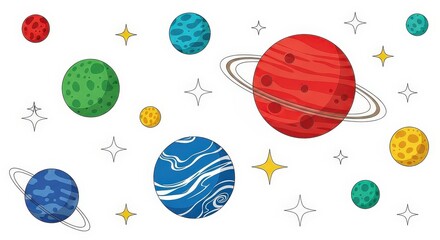 Colorful cartoon planets and stars scattered across a white background, depicting a whimsical space scene.