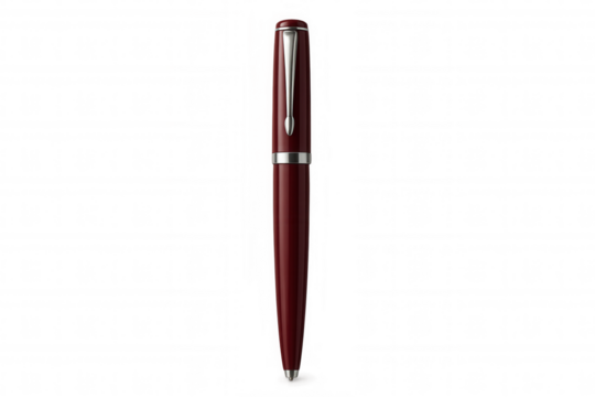 Red fountain pen presenting a sleek design with elegant silver accents. Object isolated on a transparent background