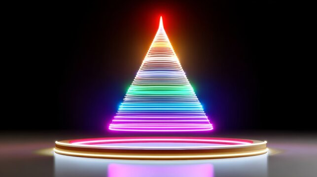 Colorful Christmas tree with rainbow lights. The tree is lit up and he is glowing. The colors of the lights are bright and vibrant, creating a festive and joyful atmosphere