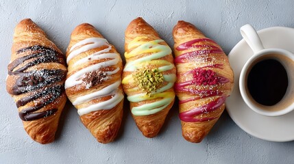 Row of colorful pastries and a cup of coffee. The pastries are decorated with different colors and patterns, and the cup of coffee is black. Concept of indulgence and relaxation, as the pastries