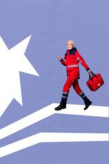 Naklejka premium Vertical sketch 3d image banner collage of happy old woman doctor hold first aid kit bag pharmacist ambulance worker covid