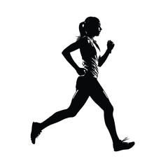 Silhouette of a woman running in athletic gear against a white background in motion pose