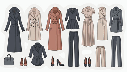 Vector illustration of women's elegant fashion collection. Coats, dresses, pants, shoes, and handbag for business and smart casual wear.