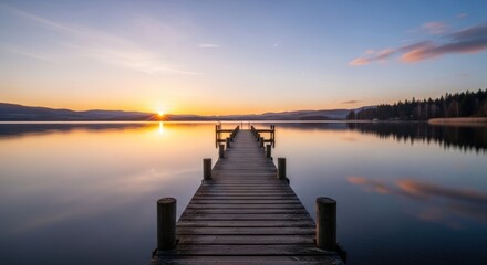 Fototapeta premium Tranquil sunrise over peaceful lake with wooden pier and distant mountains view