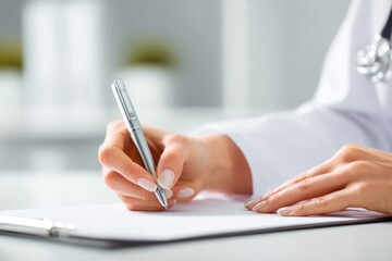 Doctor hands writing on paper document at a desk. Healthcare research, schedule app and clinic planning. Medical person on digital technology and journal for telehealth, notes and reminder or planner