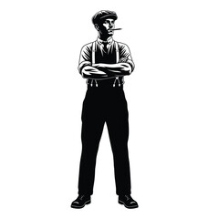 Man in cap and suspenders with arms crossed and cigarette in mouth in black and white style