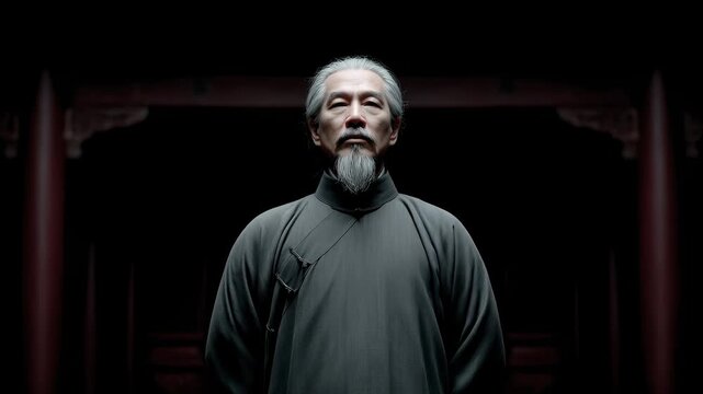 Eastern Martial Artist Stands Calmly in Ancient Architecture