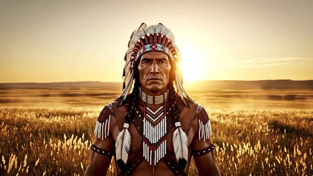 portrait of indigenous man in traditional feather headdress at sunset. closeup of mature brutal chief in prairie. native american heritage month.