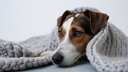 Close-up adorable Jack Russell Terrier dog resting head on soft chunky knit gray blanket cozy pet relaxation comfort concept