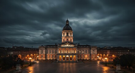 Obraz premium Dramatic nighttime view of an illuminated architectural structure