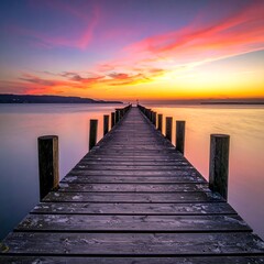Fototapeta premium Wooden pier stretches toward colorful horizon during a beautiful sunset