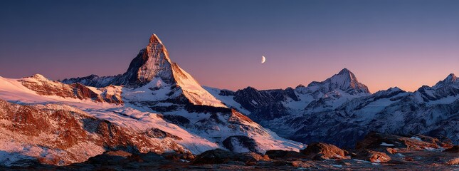 Snowy Mountain Peaks Illuminated At Dawn With Crescent Moon Above Dramatic Sky