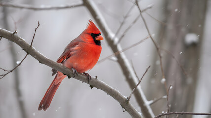 Close-up of vibrant Northern Cardinal bird perched on bare brown branch during active snowfall winter wildlife photography concept