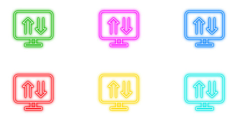 Neon data transfer icon vector set. Bright glowing computer display screens, network communication, and information exchange arrow symbols in vibrant neon colors.