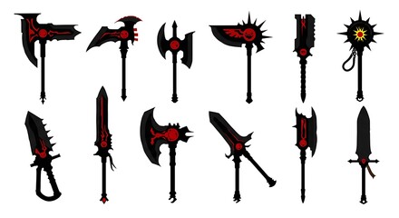 Collection of fantasy weapons axes swords and maces in bold black and red design
