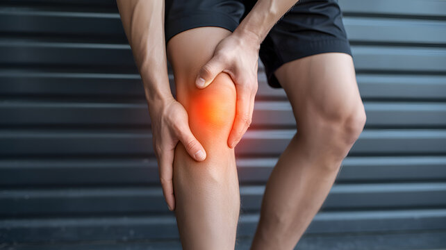 Close-up side view of a person&acirc;&euro;&trade;s leg showing painful knee joint inflammation concept of injury arthritis or muscle strain
