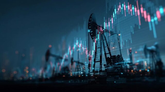 Oil price forecast with digital chart overlay, pump jack silhouette at night city background, market trend and financial analysis