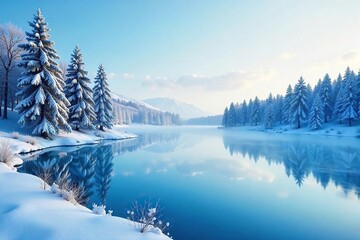 Fototapeta premium Tranquil Winter Landscape Frozen Lake, Snow-Covered Trees, and a Vast Blue Sky. Peaceful Serenity, Perfect for Nature, Winter, and Wallpaper Themes.