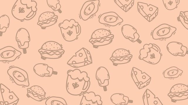 Dynamic Cartoon Food Pattern Loop - Burgers, Pizza, Ice Cream, and Snacks on Pastel Background.