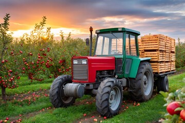 Obraz premium Tractor pulling crates in an apple orchard at sunset