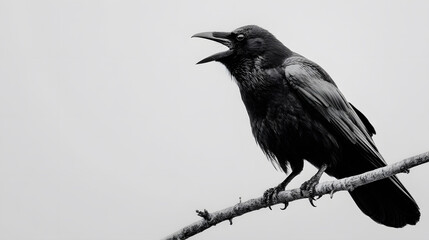 Obraz premium Cawing Crow on a Branch in Monochrome