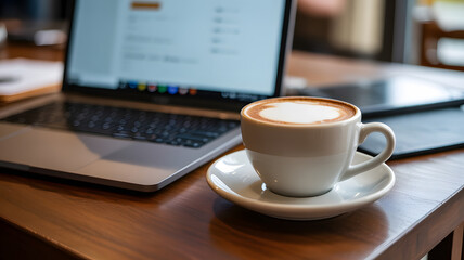 Close-up of white ceramic coffee cup and saucer placed on dark wooden desk surface cozy minimalist morning beverage concept