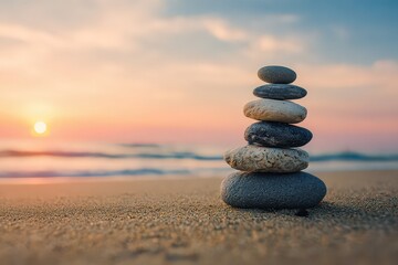 Fototapeta premium Stack of Balanced Stones at Beach Shoreline during Sunrise with Calm Ocean Background