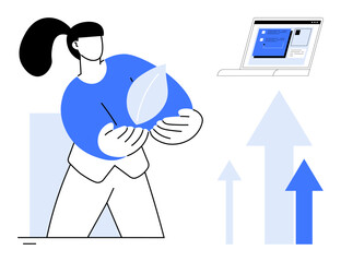 Woman holding a leaf symbolizes eco-awareness beside a laptop with analytics and upward arrows. Ideal for sustainability, eco-innovation, technology, growth, business, productivity, responsibility