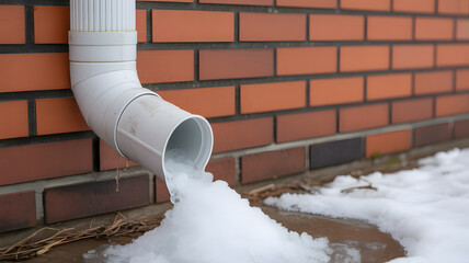 Close-up of white PVC gutter downspout draining melting snow and ice water on red brick wall exterior winter drainage concept detailed macro photograph
