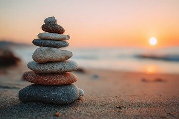Fototapeta premium Stack Of Balanced Stones At Sunset On Sandy Beach With Ocean View