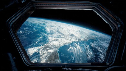 Naklejka premium View of Earth Through Spacecraft Window with Illuminated Cities against Dark Sky and Window Frame