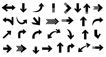Collection of various directional arrows in black and white isolated on white background