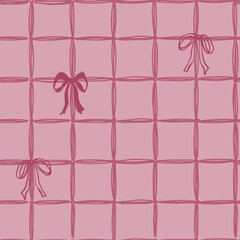Vector abstract seamless pattern with red checks and bows. Hand painted illustration for design, print, fabric or background.