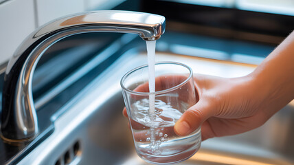 Close-up view of clean water pouring from modern chrome kitchen faucet into clear glass held by human hand purity hydration concept
