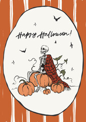 Vector Halloween card with skeleton on the pumpkins. Hand painted holiday template isolated on white background. Illustration for design, print or background. Halloween poster.