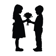 Silhouette of a boy presenting a bouquet of flowers to a girl on a white background