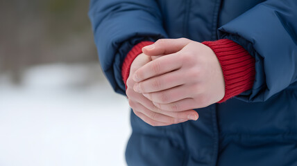 Close-up of human hands clasped warmly together against blurred snowy background symbol of love support unity and comfort